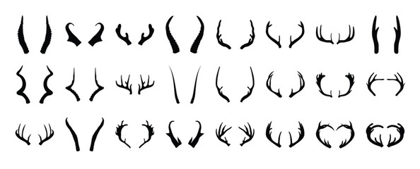 Set of hand drawn deer horns black on the white background.