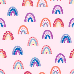 Seamless pattern graceful rainbows in boho colors. Scandinavian baby hand style for newborns.