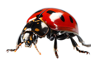 A ladybug crawling, showcasing its red and black spotted exoskeleton, against a transparent background, ladybug on white background
