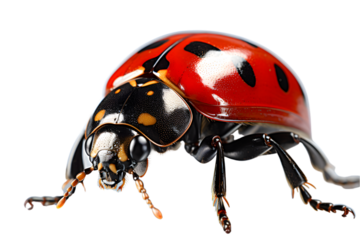 A ladybug crawling, showcasing its red and black spotted exoskeleton, against a transparent background, ladybug on white background