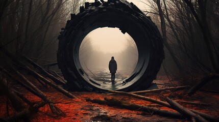 Man in front of a portal. Futuristic concept.