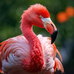 Beautiful pink flamingo in focus closeup, blurred background, Generative AI