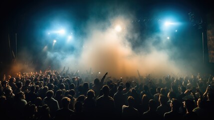 Obraz premium Silhouette of concert crowd in front of bright stage lights. Dark background, smoke and concert spotlights.