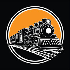 Old steam locomotive on rails. Vector logo isolated on black background © migfoto