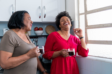 Daughter and elderly mother talk and smile in the kitchen at home