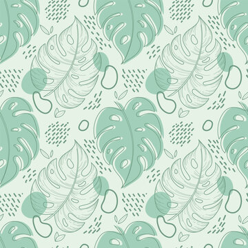 Vector seamless pattern of hand drawn tropical monstera leaves in mint colors. Natural floral background for wrapping paper, print, fabric, web, wallpaper. Foliage texture