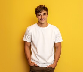 Young man wearing bella canvas white t-shirt mockup on yellow background. Tshirt template design, print presentation mock-up. AI generated. - obrazy, fototapety, plakaty