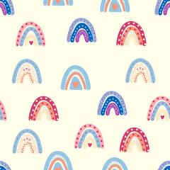 Seamless pattern graceful rainbows in boho colors. Scandinavian baby hand style for newborns.