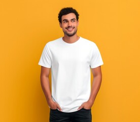 Young man wearing bella canvas white t-shirt mockup on yellow background. Tshirt template design, print presentation mock-up. AI generated.