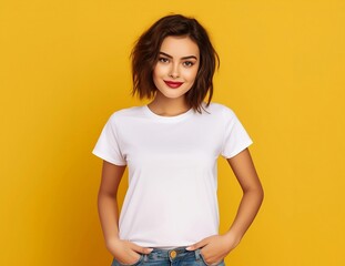 Young woman wearing bella canvas white t-shirt mockup on yellow background. Tshirt template design, print presentation mock-up. AI generated.
