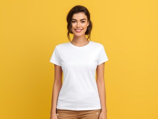 Young woman wearing bella canvas white t-shirt mockup on yellow background. Tshirt template design, print presentation mock-up. AI generated.
 - obrazy, fototapety, plakaty