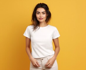 Fototapeta premium Young woman wearing bella canvas white t-shirt mockup on yellow background. Tshirt template design, print presentation mock-up. AI generated. 