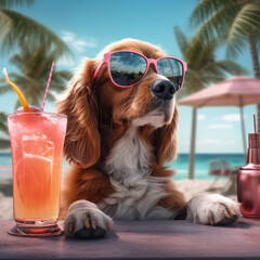 Dog in glasses with a cocktail on the beach, summer vacation. Square illustration. AI generative.