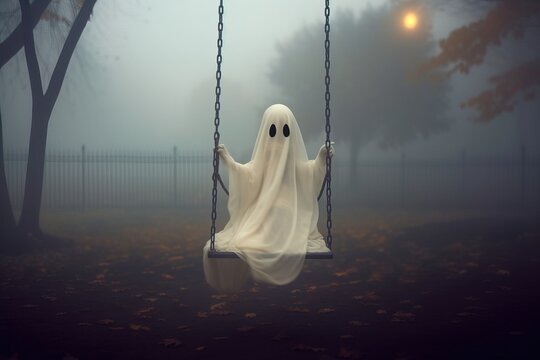 Ghost In A Sheet Is Swinging On Swingsin The Street. Halloween.