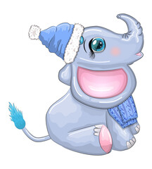 Cute cartoon elephant, childish character with beautiful eyes wearing santa hat, scarf, holding gift, christmas ball