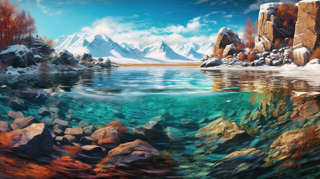 Split Landschaft mit schneebedeckten Gipfeln und Walhai unter Wasser im Meer. Generative ai