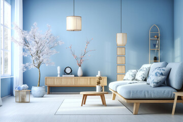 furniture design room apartment living blue interior sofa home room wall modern. Generative AI.