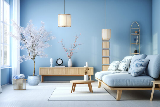 furniture design room apartment living blue interior sofa home room wall modern. Generative AI.