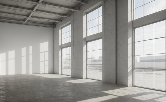 big window in a warehouse, building. Empty warehouse city view