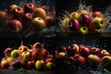 Fototapeta na wymiar Red Apples Fall in Water, Apple Juice Explosion, Dark Background, Abstract Generative AI Illustration