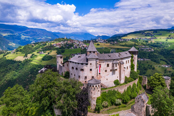 Beautiful medieval castles of northern Italy ,Alto Adige South Tyrol region. Presule castel,   aerial drone high angle view