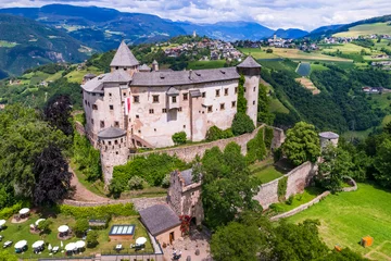 Poster Beautiful medieval castles of northern Italy ,Alto Adige South Tyrol region. Presule castel, aerial drone high angle view © Freesurf