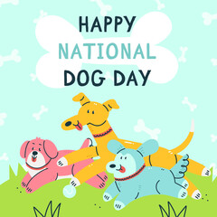 Fototapeta premium Happy national dog day greeting card design. Cute dogs playing in the park in cartoon style. Vector cartoon illustration.