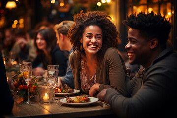 African American couple having fun at restaurant.