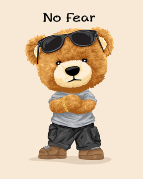 Vector illustration of hand drawn teddy bear with sunglasses crossing arms