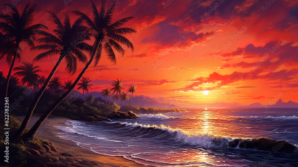 Wall mural palm trees silhouette with orange sunset, ocean and rocks. generative ai - Wall murals