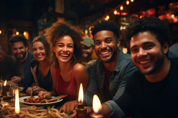 Multiethnic happy group of people having fun at restaurant during dinner, focus on African American man