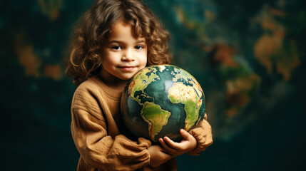 A young child girl hugging a planet earth model. World Children's Day or International Day of the...