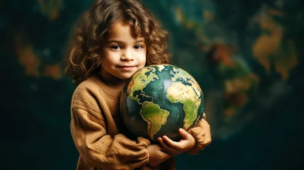 Poster A young child girl hugging a planet earth model. World Children's Day or International Day of the Girl Child concept banner © Bartek