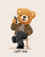 Vector illustration of hand drawn teddy bear sitting on chair with cellphone