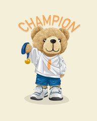 Fototapeta na wymiar Vector illustration of hand drawn teddy bear holding gold medal