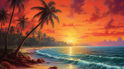 Fototapeta na wymiar Tropischen Palmenstrand mit Sonnenuntergang. Generative ai