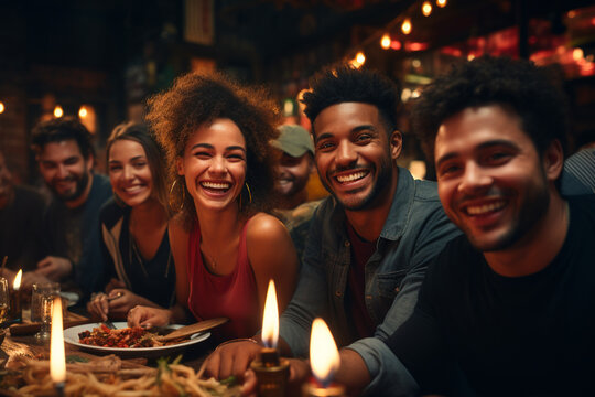 Multiethnic Happy Group Of People Having Fun At Restaurant During Dinner, Focus On African American Man