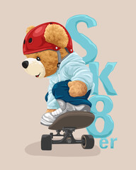 Vector illustration of hand drawn teddy bear playing skateboard