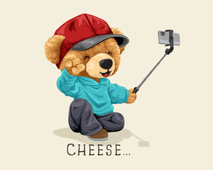 Vector illustration of hand drawn teddy bear with cellphone doing selfie
