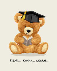 Vector illustration of hand drawn teddy bear with graduation hat reading book