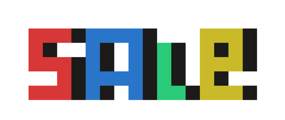 Cute simple multicolored sale banner. Isolated sale and discount illustration. Pixel style with shadows. Kids and children style.