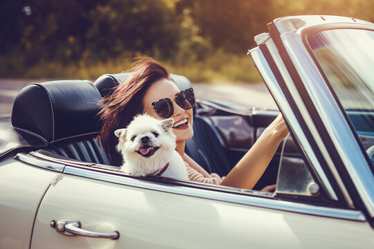 Happy young woman in sunglasses sitting in cabriolet car with her dog. selective focus.