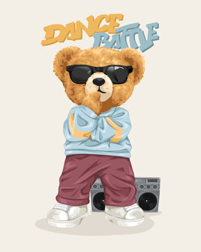 Vector illustration of hand drawn teddy bear in hip hop style with tape recorder