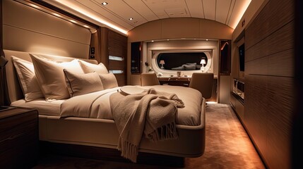 The cozy bedroom of a private jet