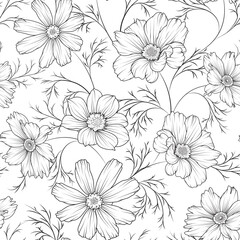 Black and white elegant seamless pattern with dahlia, cosmos flower. Floral line art pattern for invitations, cards, print, gift wrap, manufacturing, textile, fabric, wallpapers. - 622782927