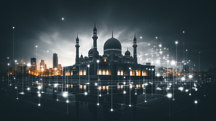 Fototapeta na wymiar Silhouette of mosque with glowing lights on background