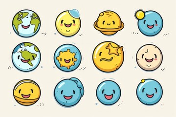 Fototapeta premium Planet of Emotions: Hand-Drawn, Textured and Stencil-Based Globe Doodles Evolve into a Playful Set of Emoticons, Uniting the World in Expressions, Generative AI