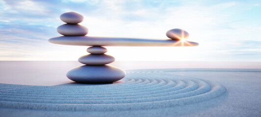 Stack of Stones making a seesaw  with lines in the sand at evening sun - calm meditative mood concept - 3d illustration