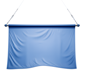 bâche en plastique bleu tendue entre deux corde, pour message promotionnel 