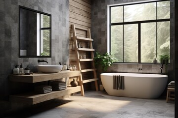 Fototapeta premium Modern bathroom interior design illustration, Scandinavian design, by Generative AI